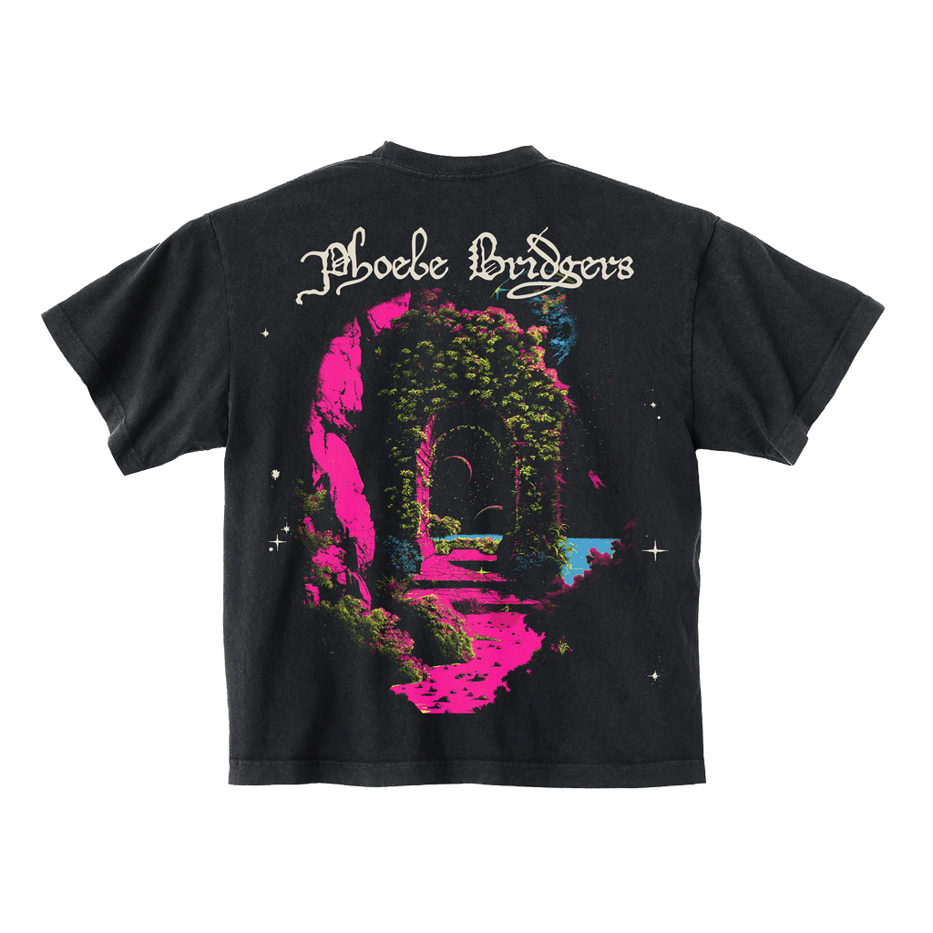 Black t-shirt with colorful graphic design on back