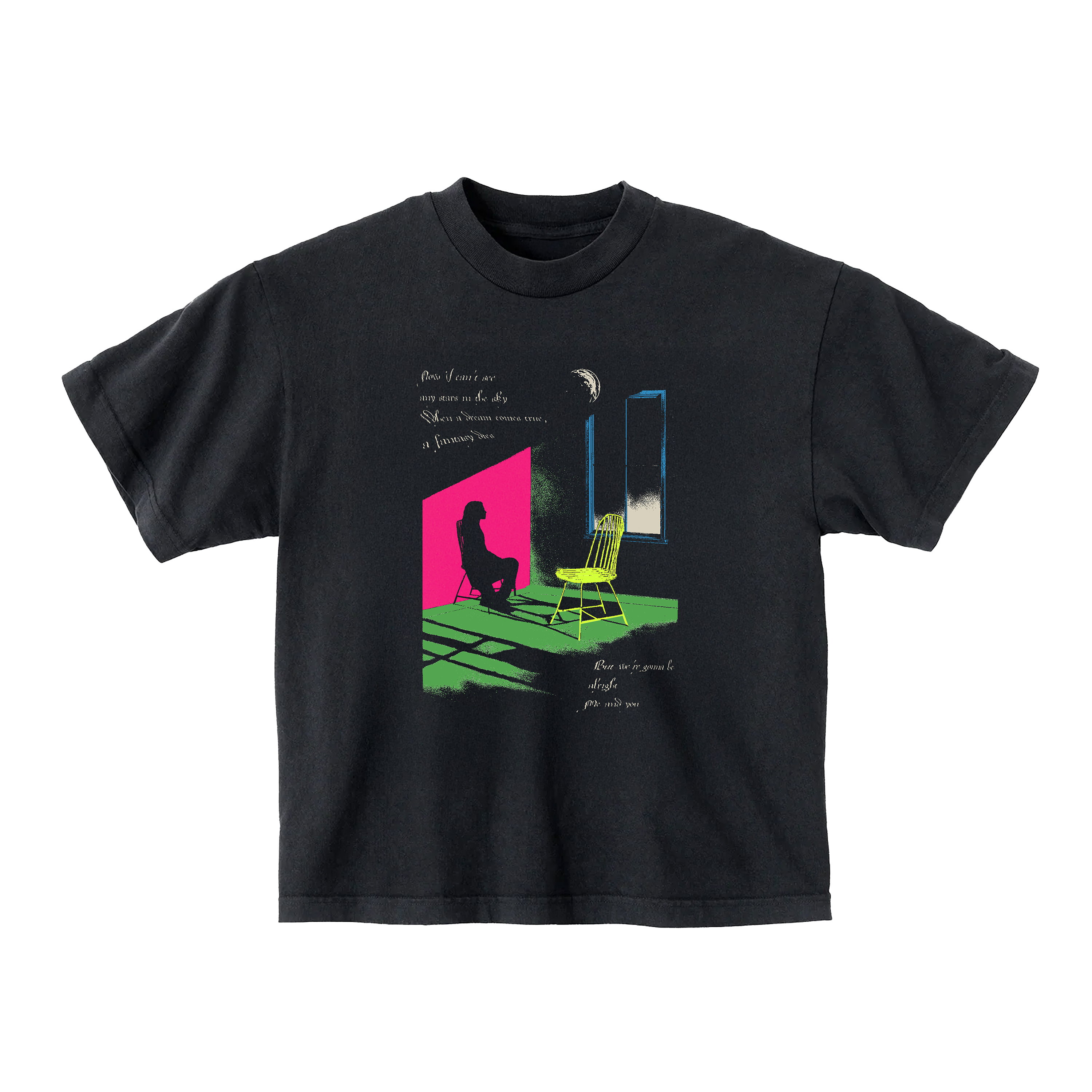 Black t-shirt with colorful graphic design on the front.