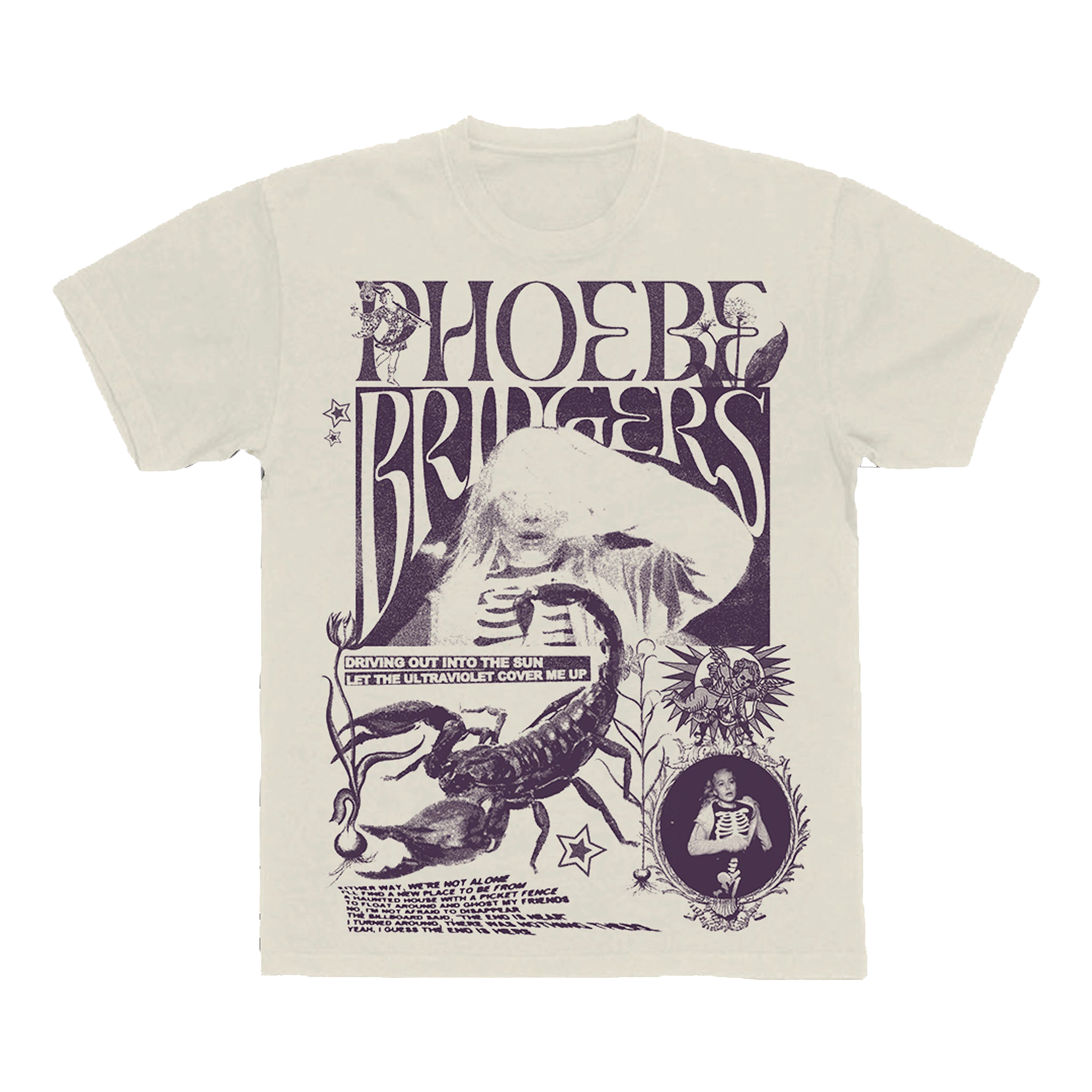T-shirt with full front print featuring images of Phoebe Bridgers, illustrations of a scorpion, cupid, and floral elements, and text inspired by "I Know The End". Garment dyed in purple. 