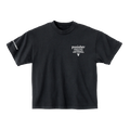 Black t-shirt with white 'punisher' text on the front chest and side of sleeve. 