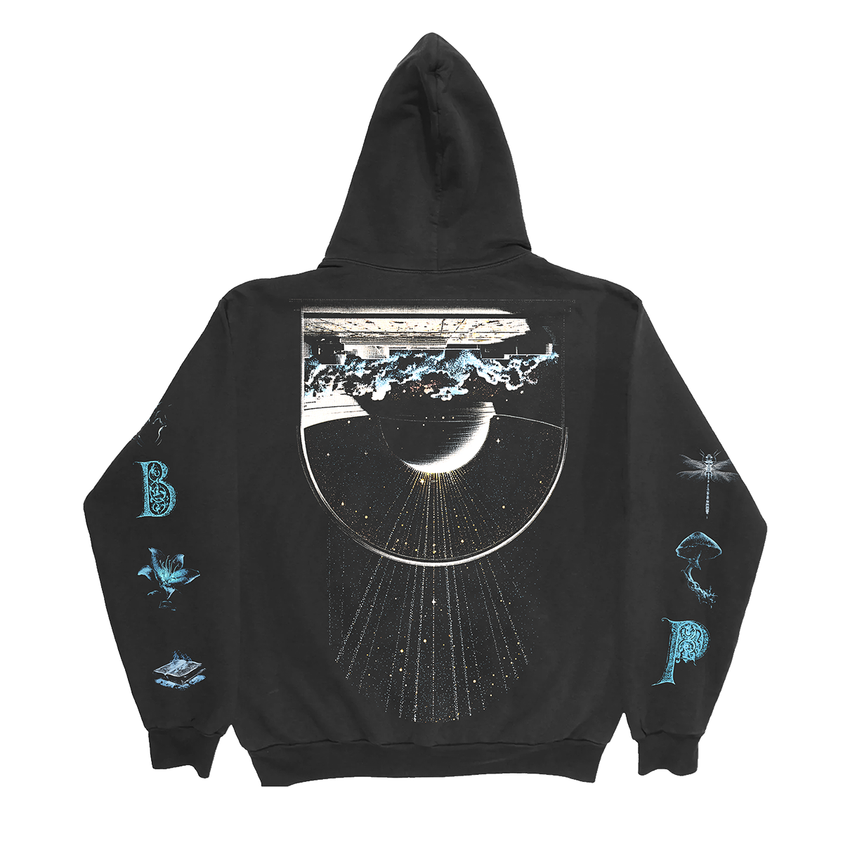 Black hoodie with space-themed design on back