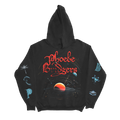 The front of a Black hoodie with space-themed design with "Phoebe Bridgers" in red across the chest. 